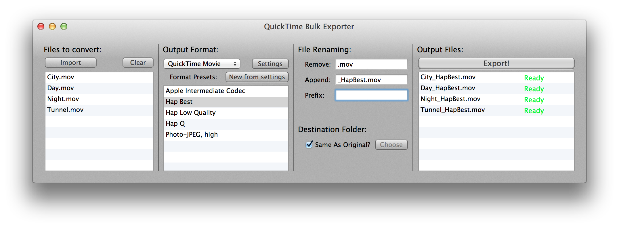 The free VVBatchExporter can be used to automate the conversion of movies into Hap and other Quicktime codecs.