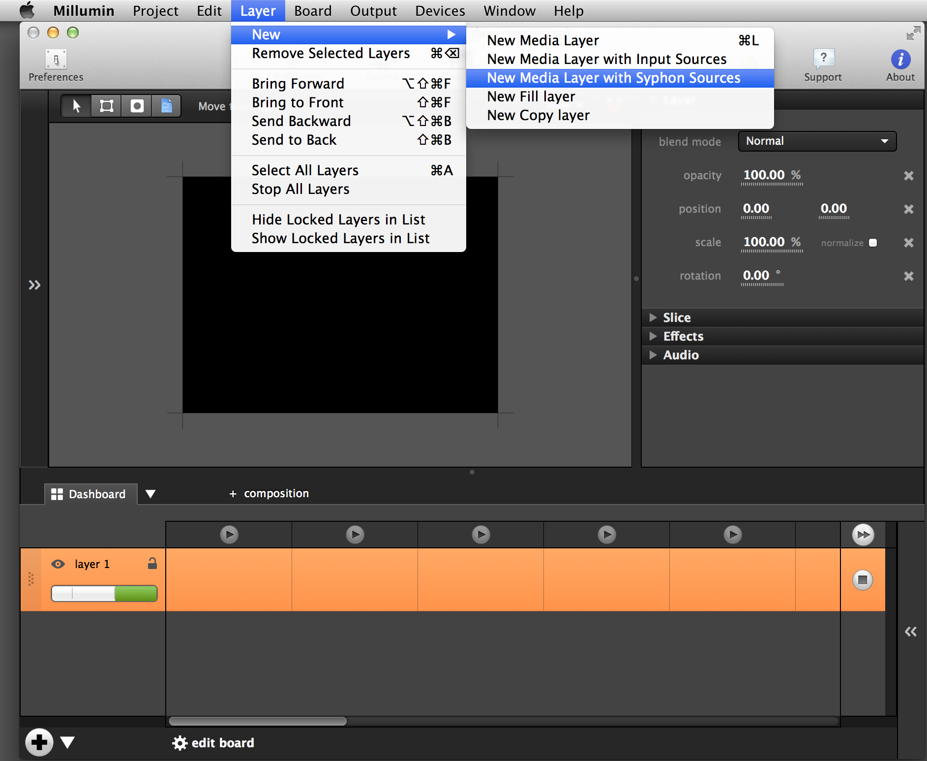 Use the 'New Media Layer with Syphon Sources' found in Millumin's 'Layer' menu.