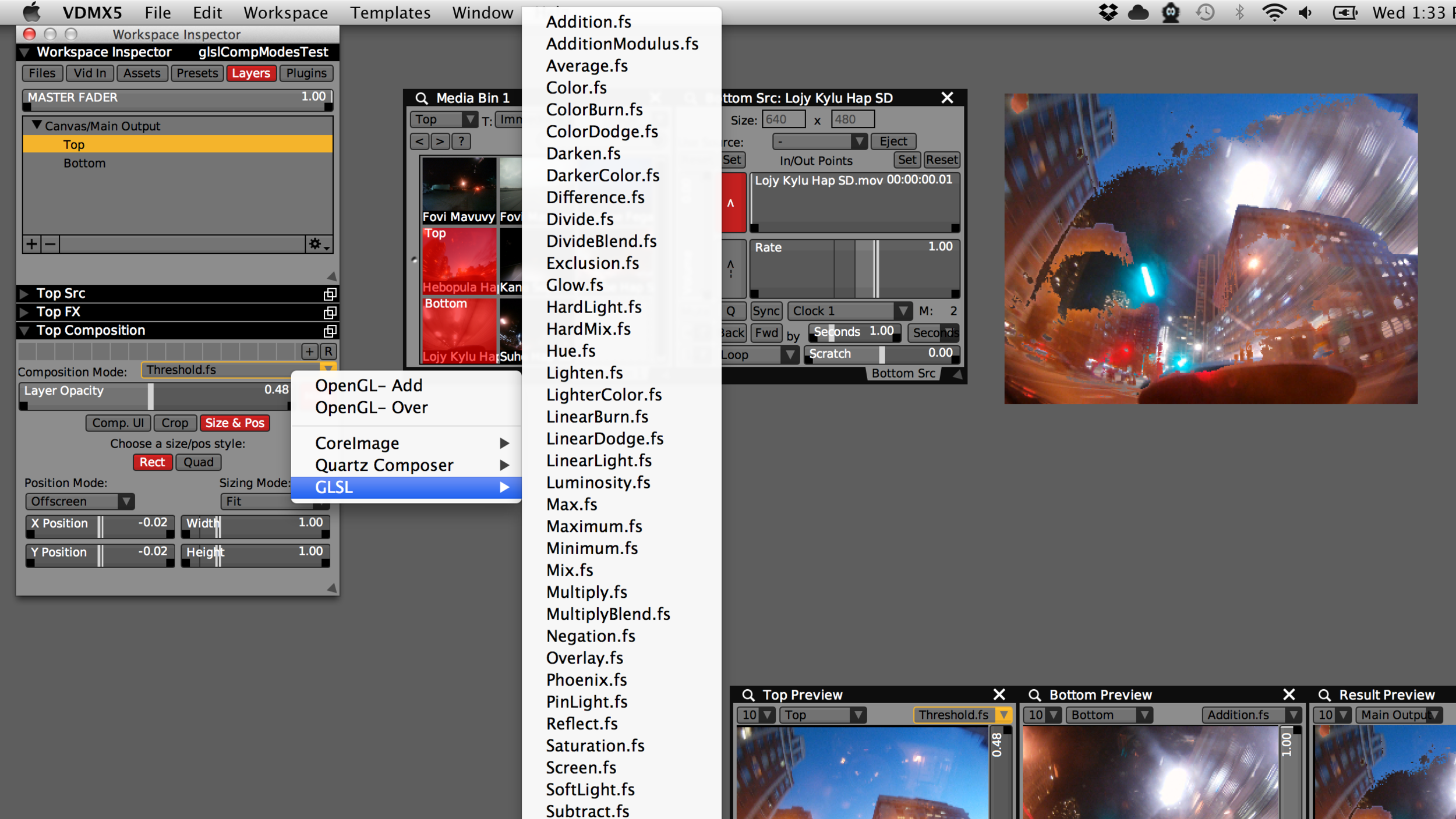Installed GLSL shaders listed in the Composition Mode menu.