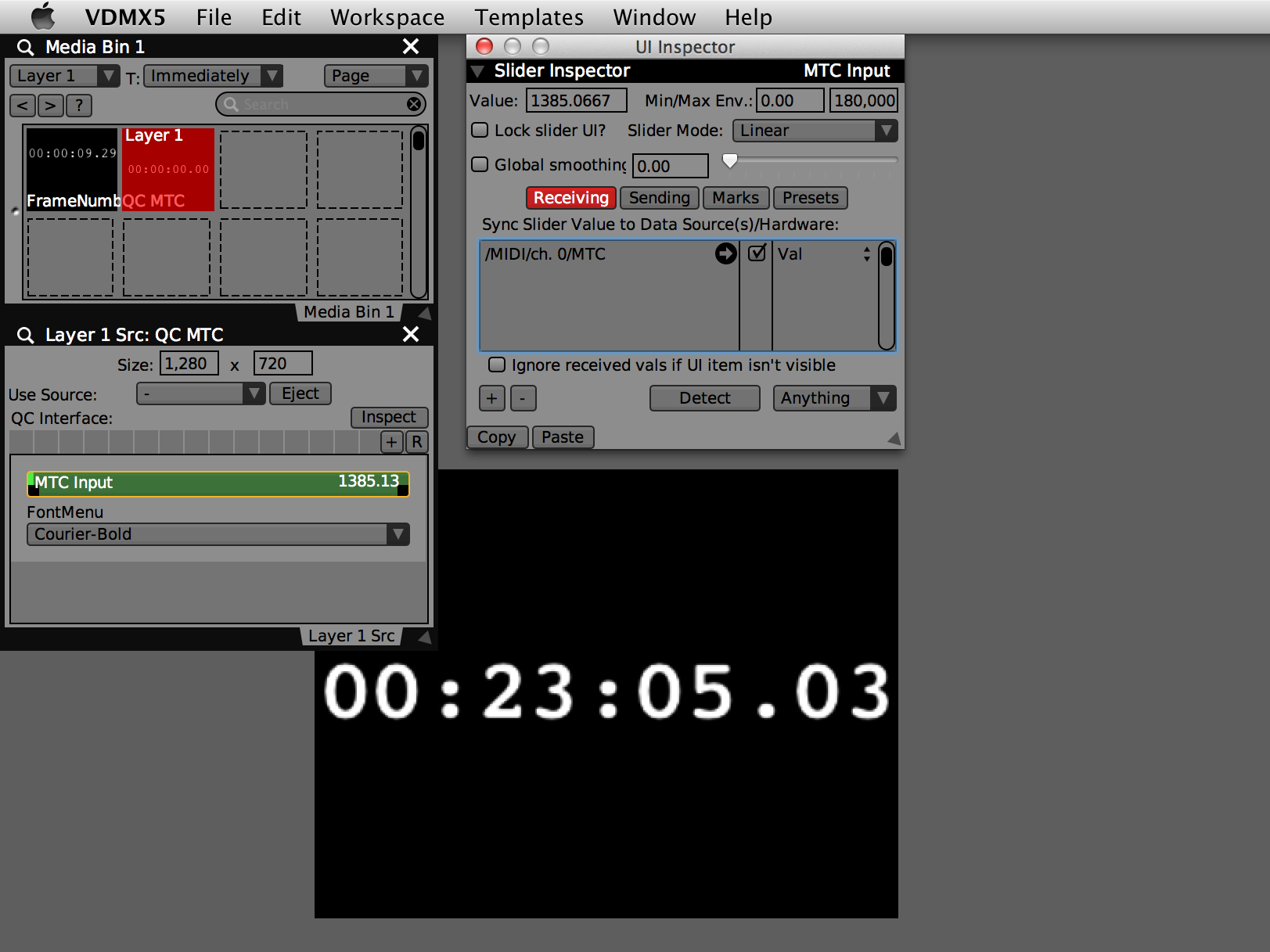 Quartz Composer composition with 'MTC Input' slider to set the rendered SMPTE time.