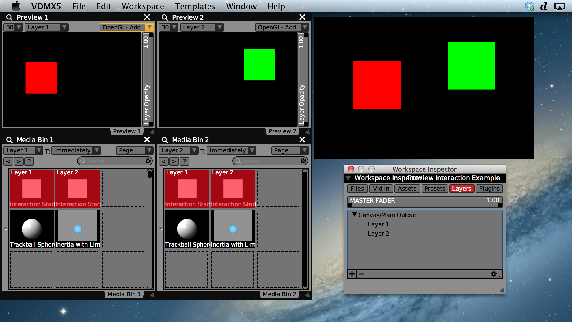 Two layer setup with click-and-drag previews in VDMX.