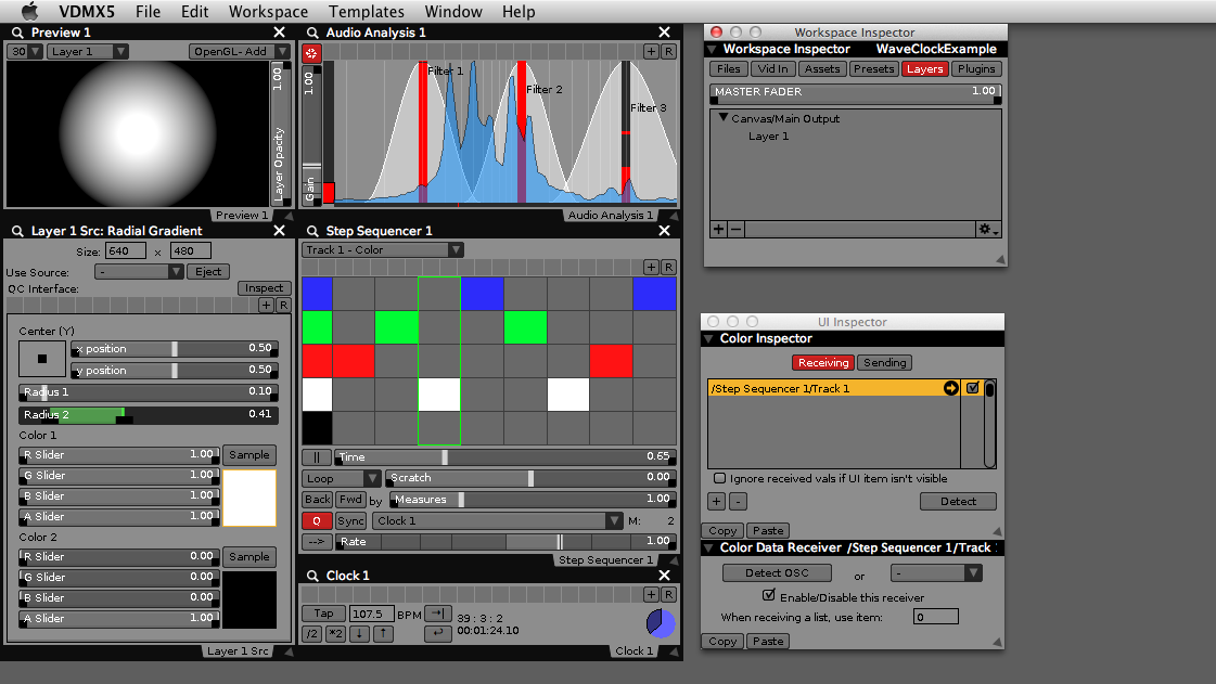 Completed example setup with Waveclock driven color sequencer and VDMX audio analysis.