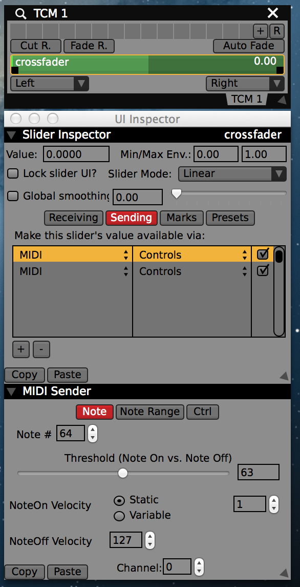 Two MIDI senders on the crossfader, one for each button.