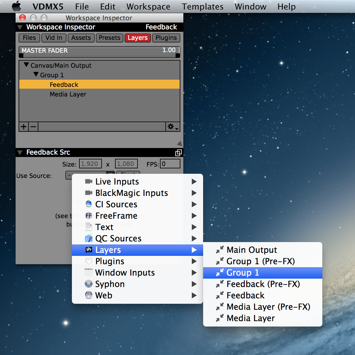 Creating a feedback loop by choosing 'Group 1' as the source for one of the layers inside the group itself.