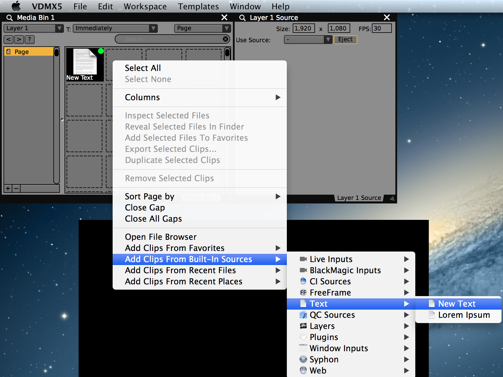 Text files can be loaded from a disk or created from the 'built in sources' contextual menu.