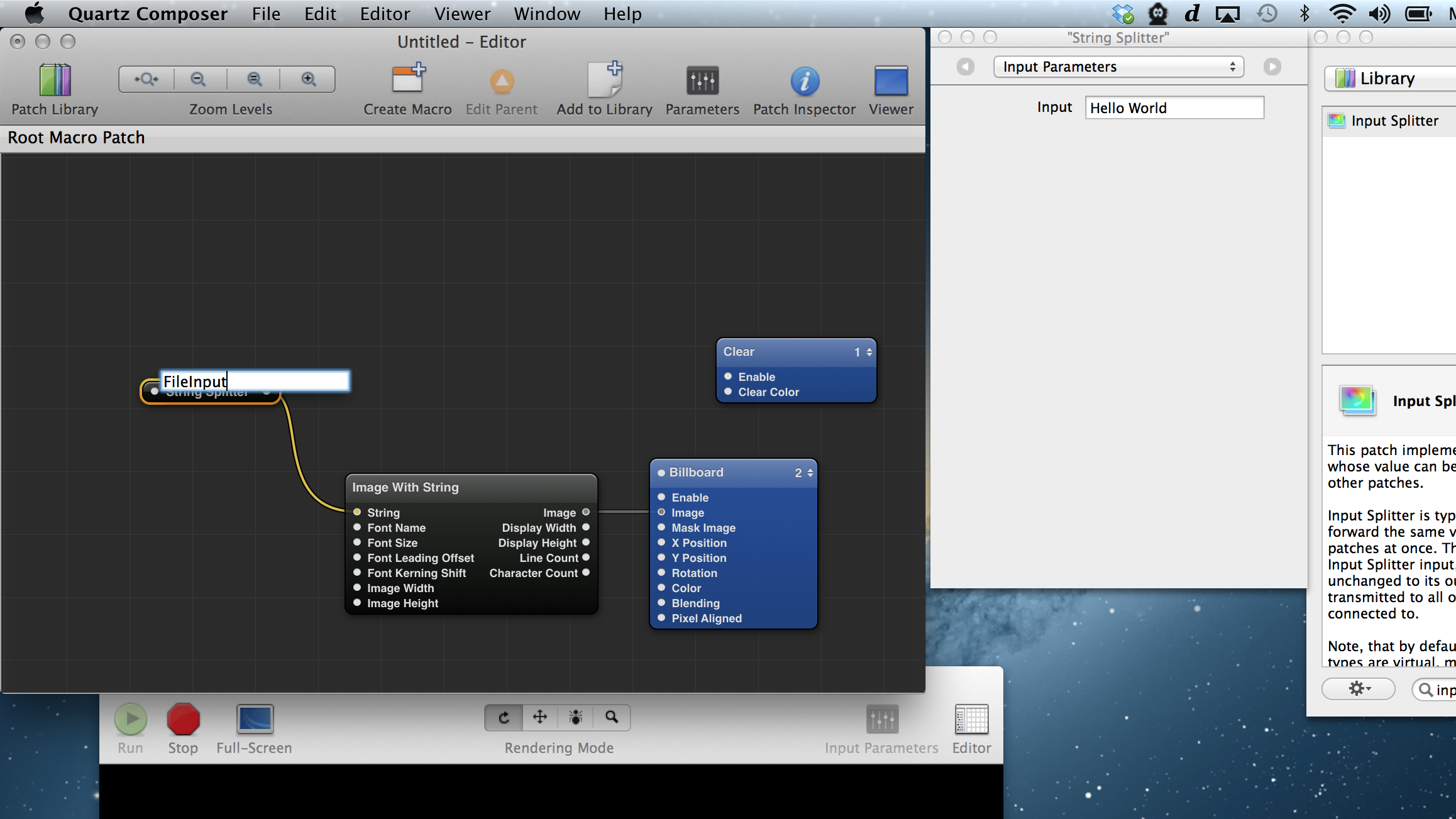Adding an Input Splitter with the title 'FileInput' to create a qcTextSource patch.