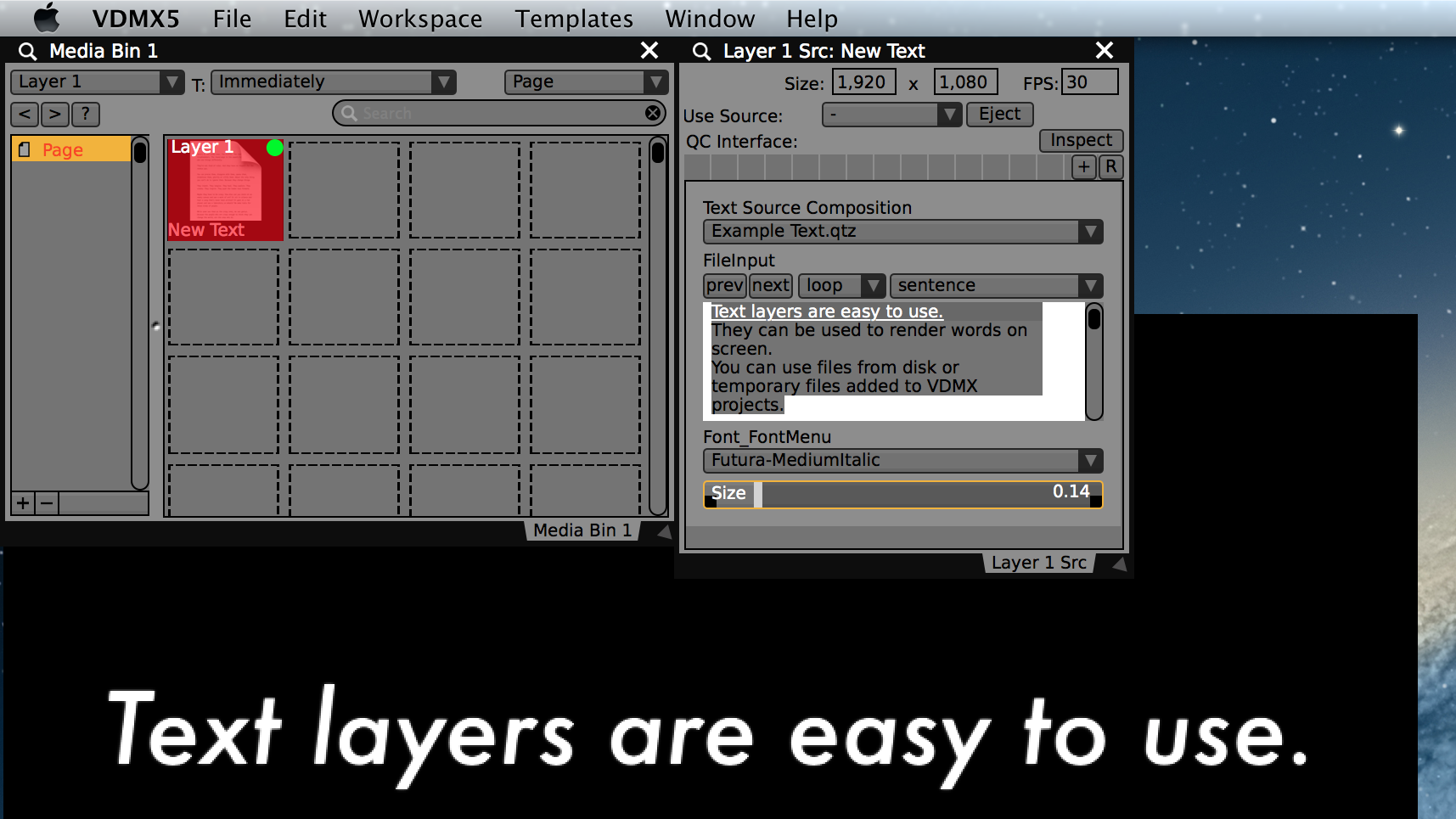 'Example Text' composition used to render a text file in VDMX with font menu and player controls for strings.