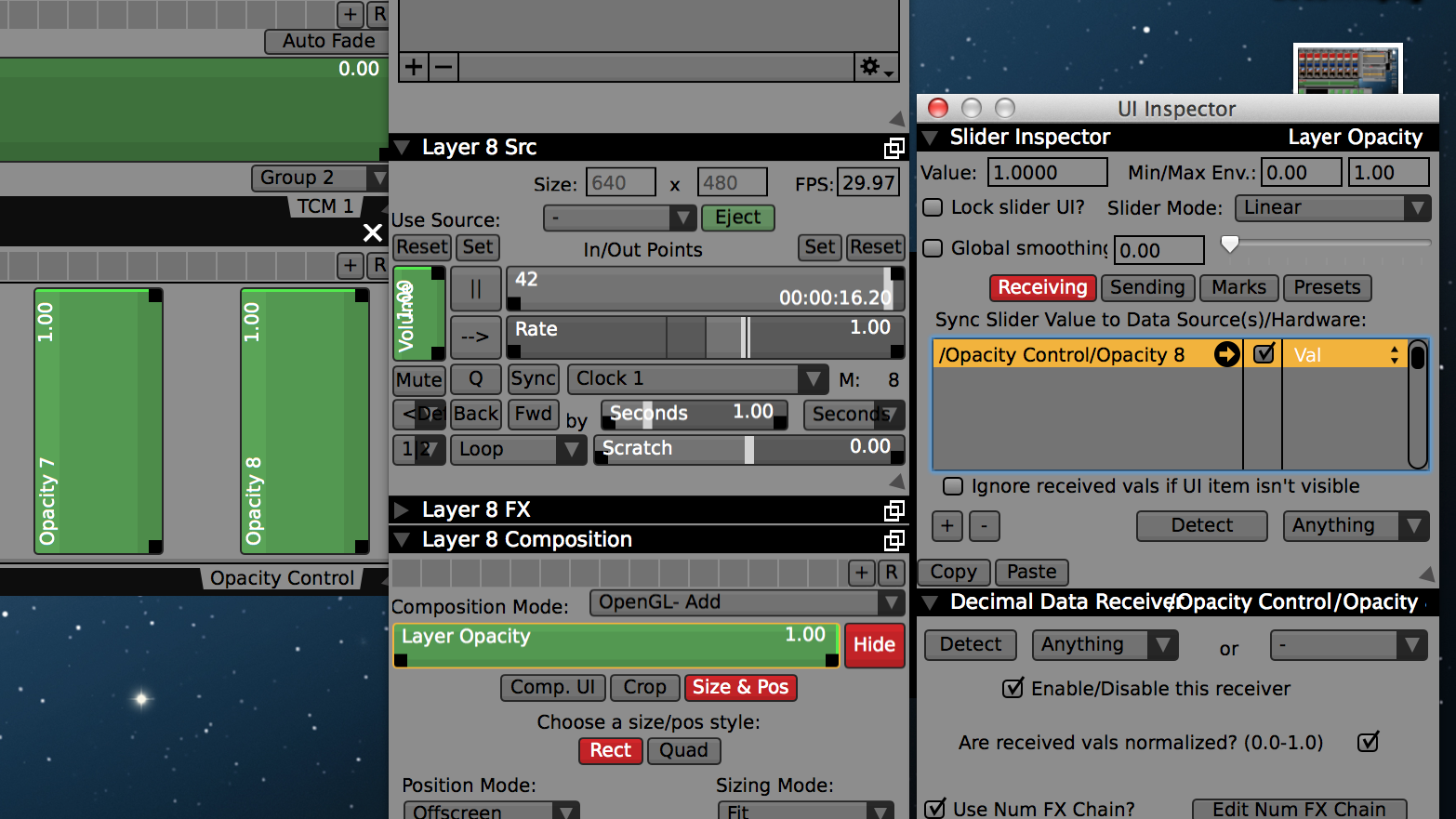 Assign volume and opacity sliders for each layer to its slider in the control surface.