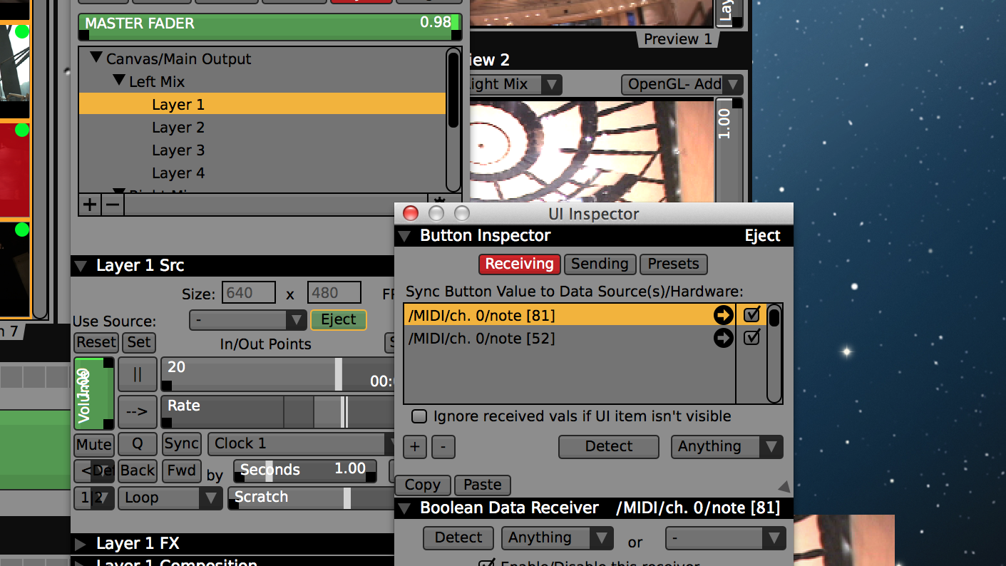 Use two MIDI receivers for each Layer 'Eject' button, one for the column 'Clip Stop' and one for the 'Stop All Clips' button.