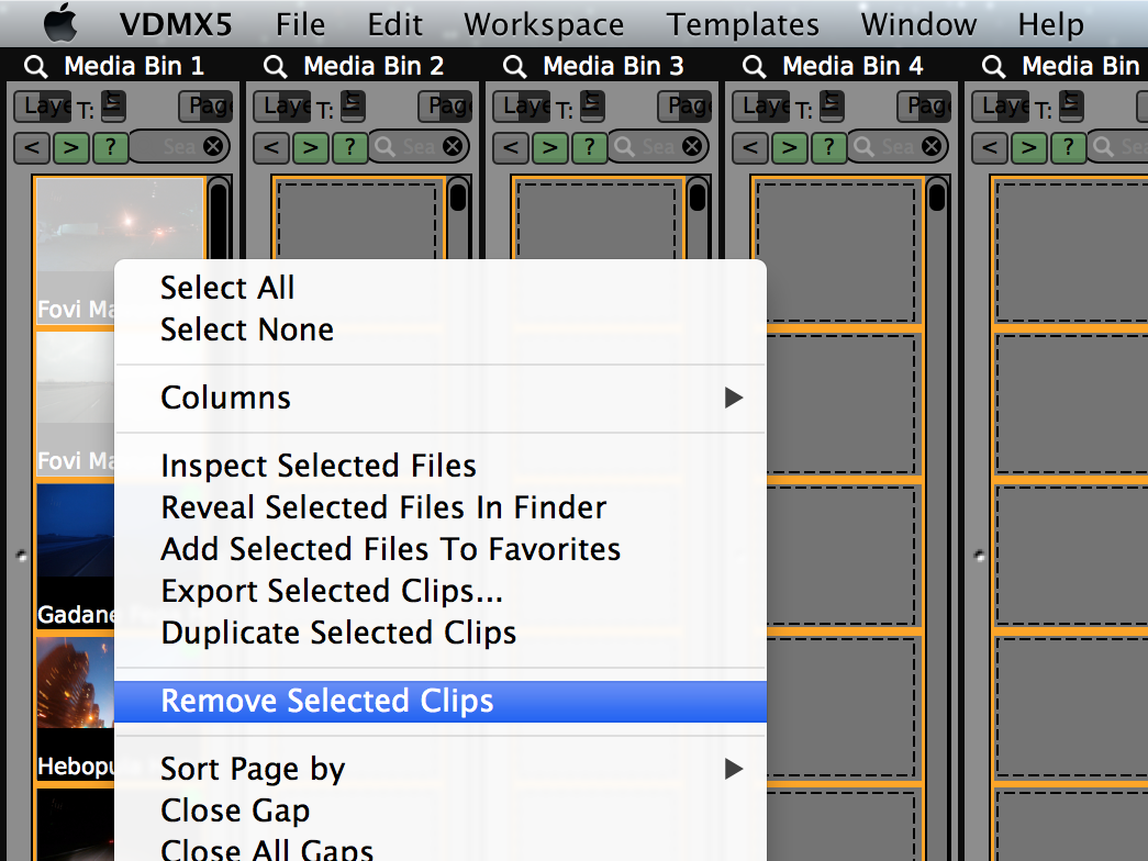 Shift + Click to select clips on a page. Right + Click to reveal contextual menu with file options.