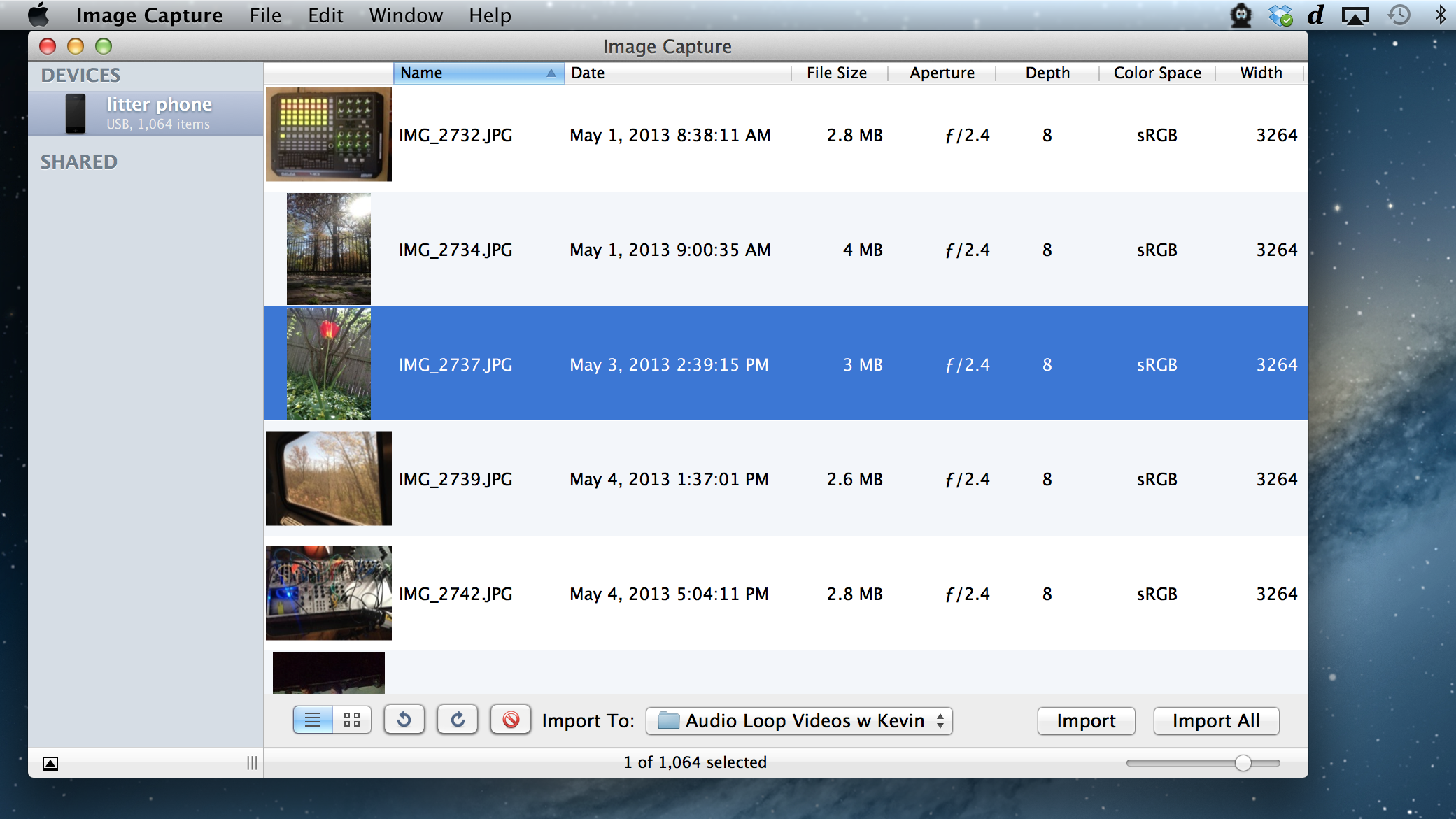 Use the free 'Image Capture' utility, iPhoto, or DropBox app to copy movies and images from the iPhone or iPad camera.