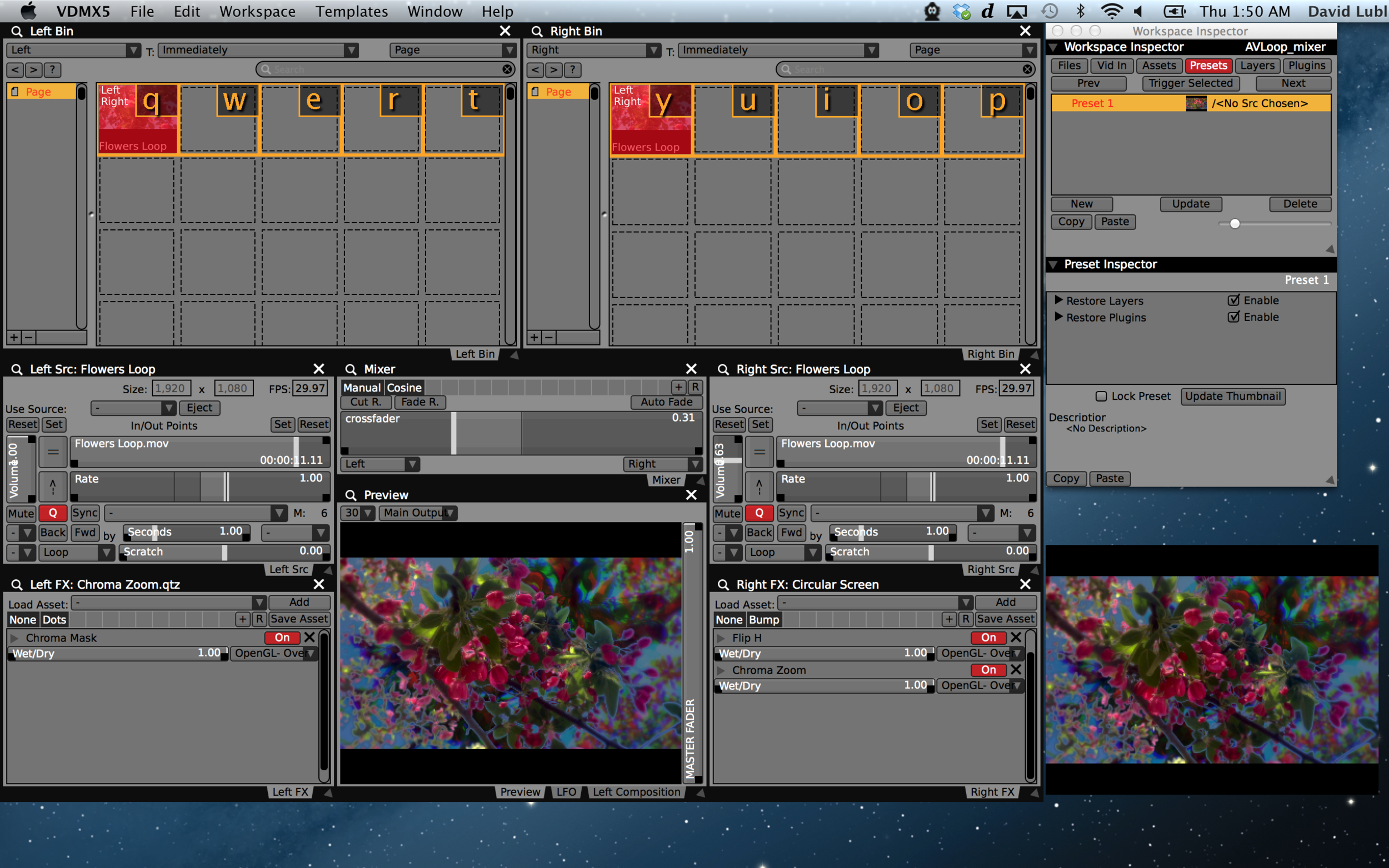 "Dual deck" remixing a single A/V loop on two layers in VDMX with a simple mixer.