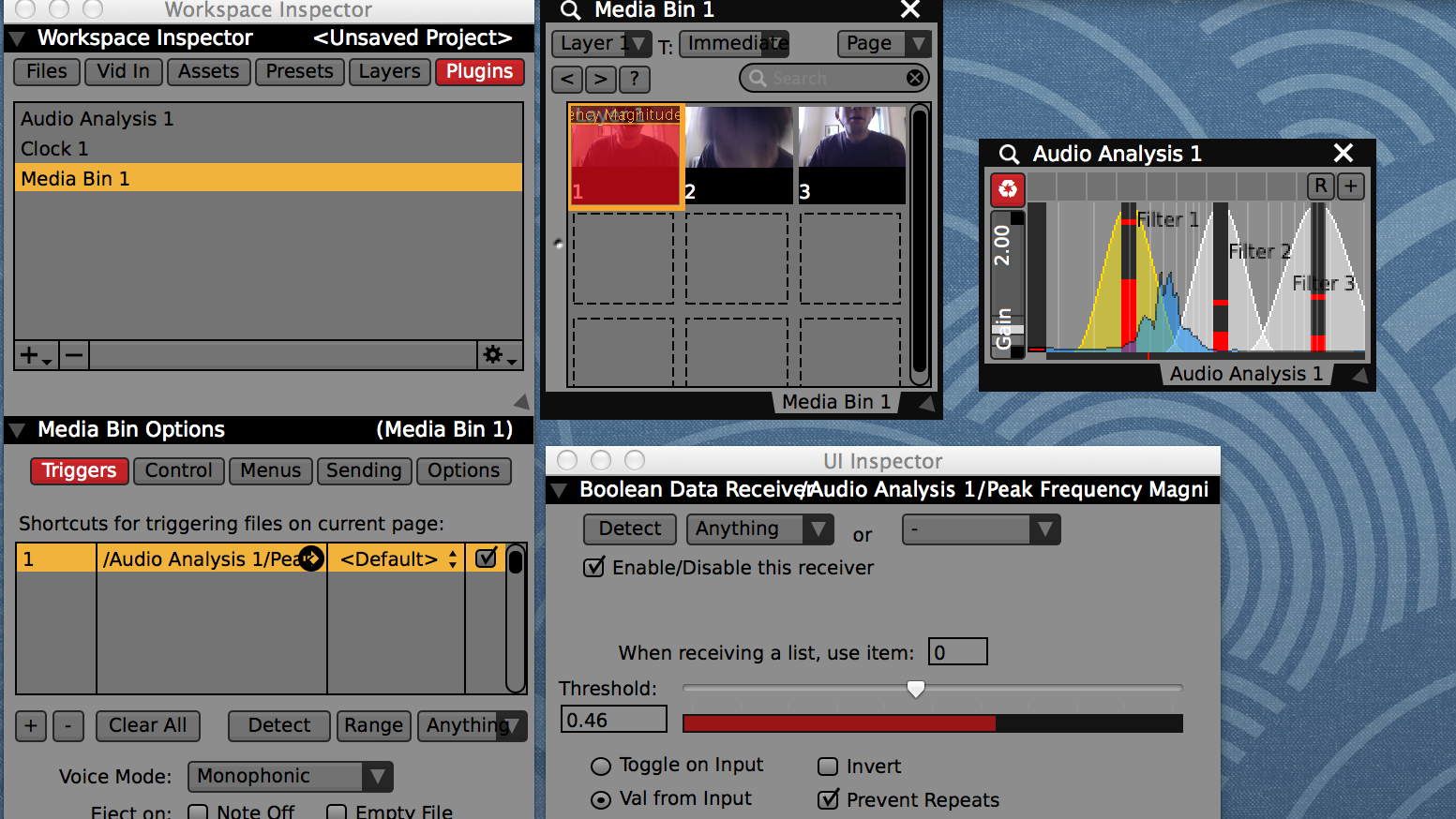 Assign data-sources to trigger clips in the Media Bin inspector and use the UI Inspector to adjust the threshold level.