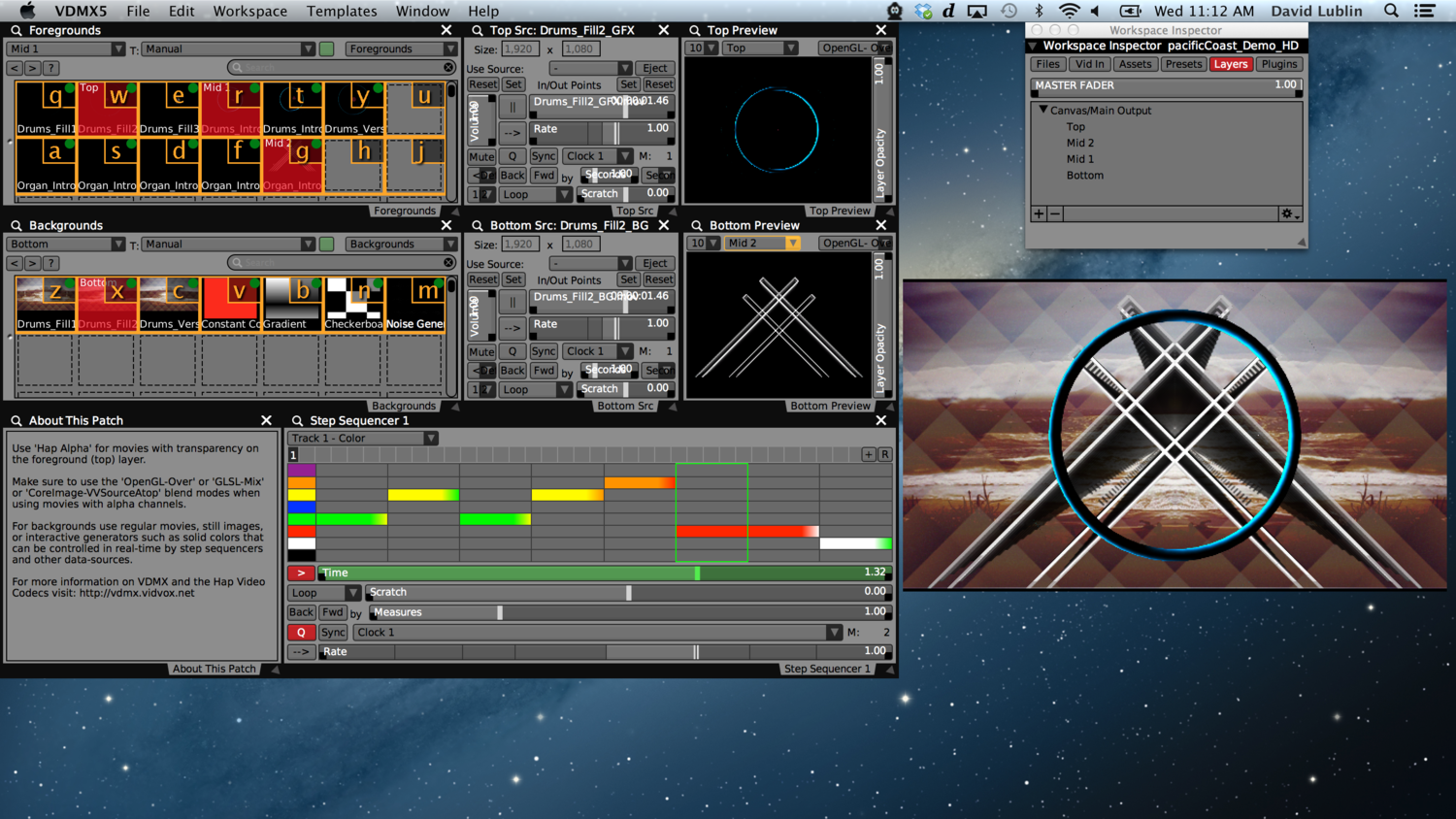Mixing multiple layers of HD video with alpha channels in VDMX.