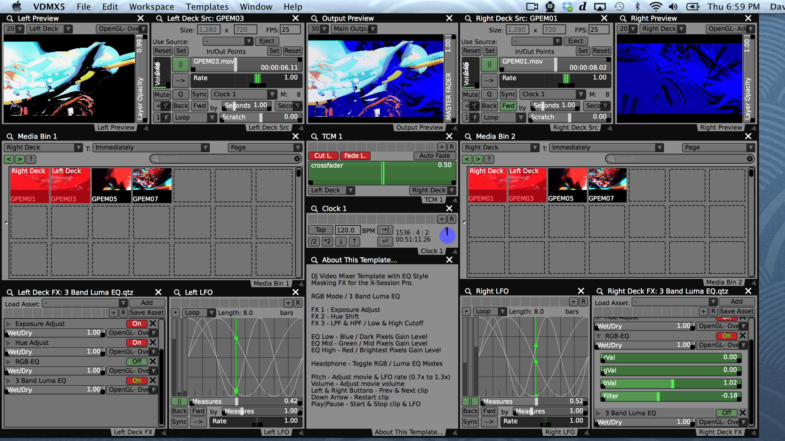 Our completed VDMX template, a two channel DJ style video mixer for the M-Audio X-Session Pro with EQ and movie controls.