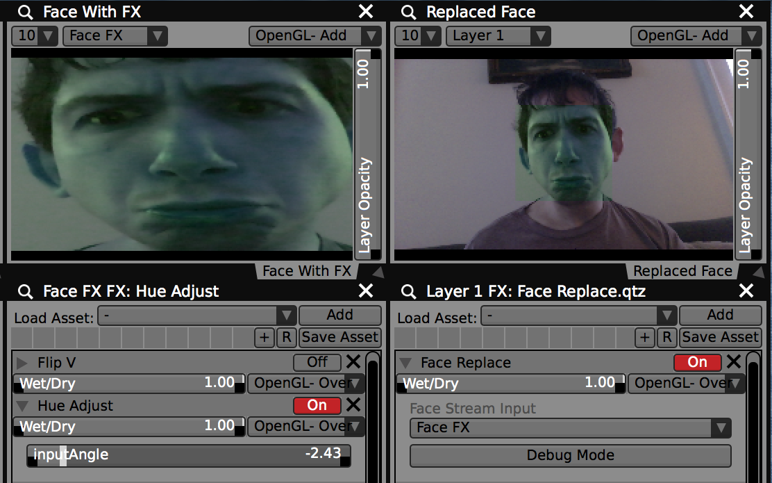 Use the “Face Replacer” FX to replace a detected face with an alternate video stream.