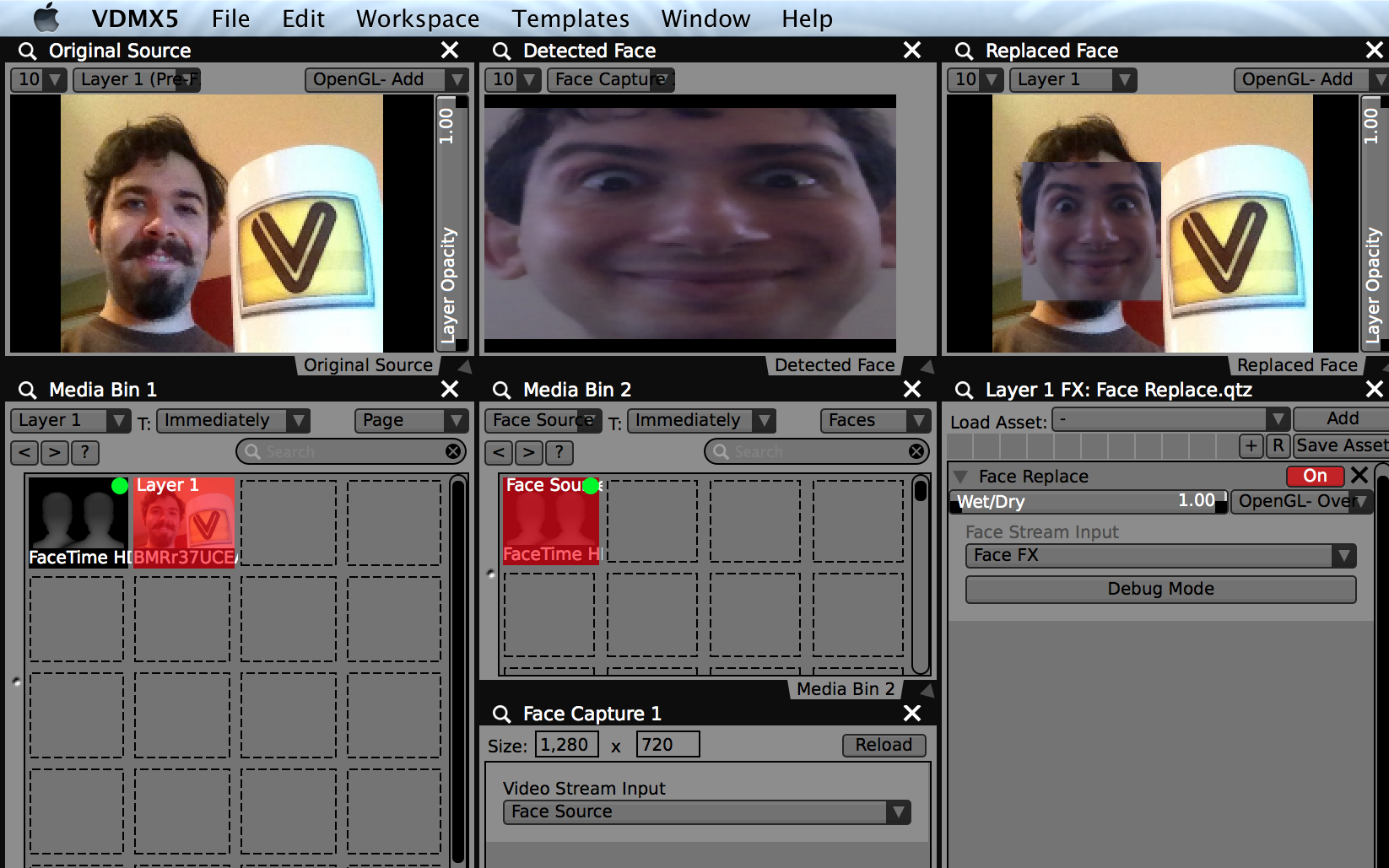 Use either live camera feeds and prerecorded footage for the capture or replacement video layers.