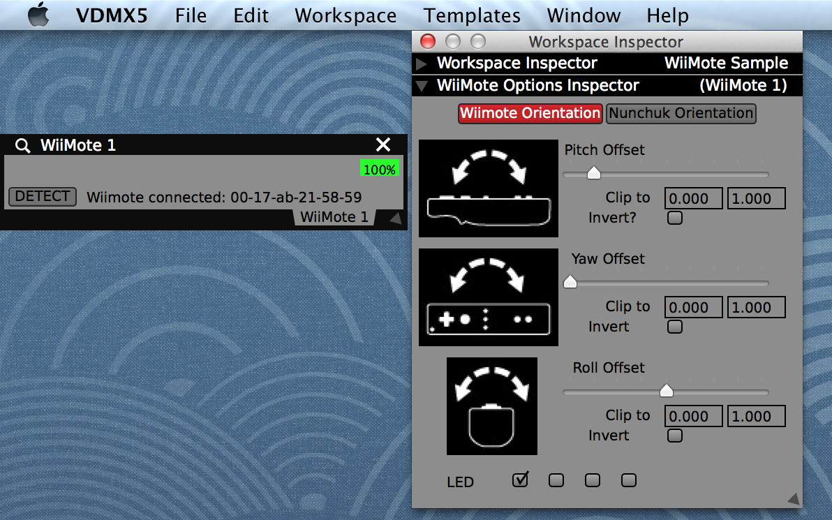 An active WiiMote plugin and orientation offset settings in the Workspace Inspector.