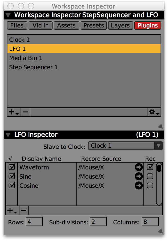 L'inspecteur du plugin LFO peut être utiliser pour ajouter,renommer, effacer et personnaliser d'autres paramètres de la forme d'onde individuelle.