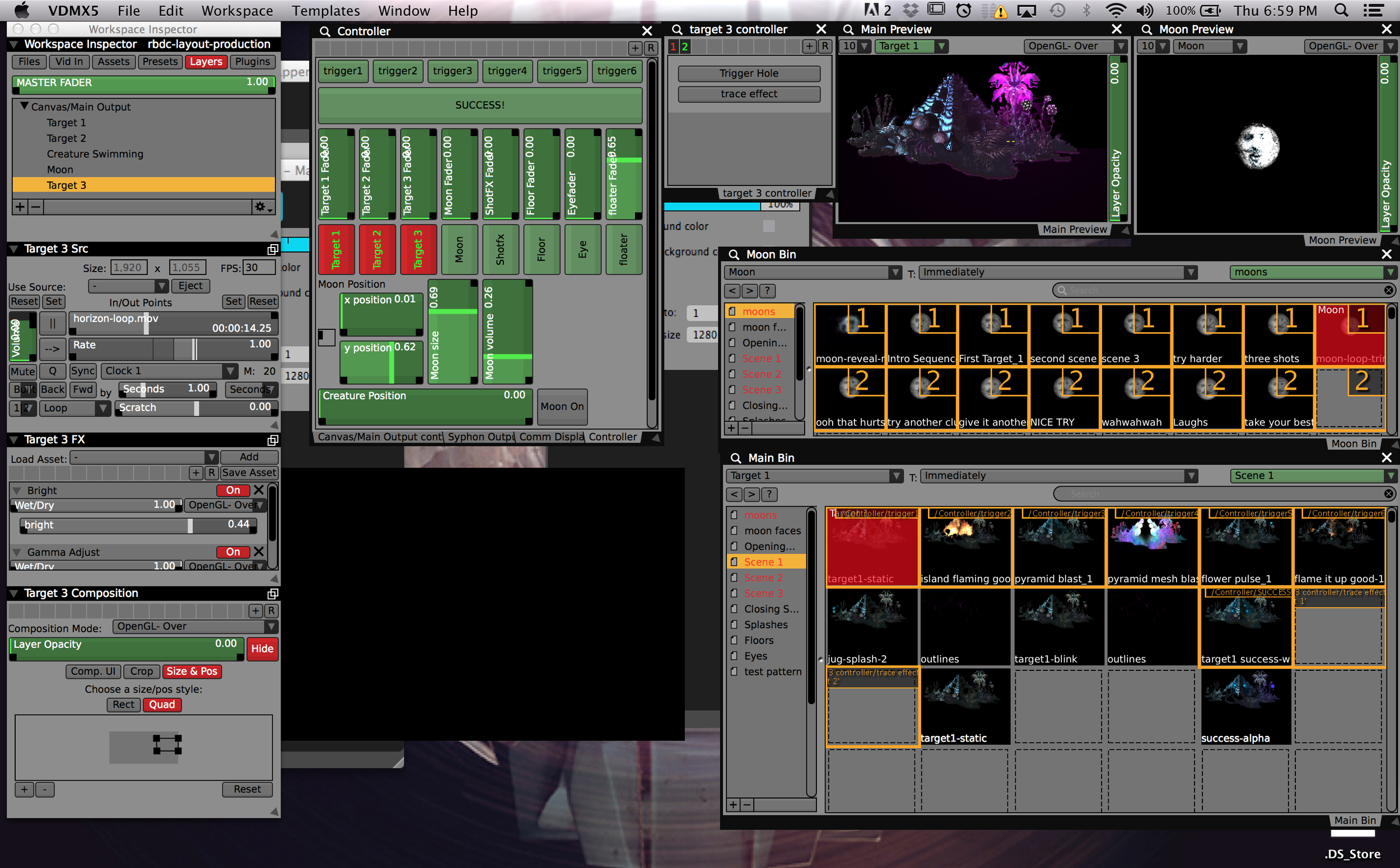 Sliders and buttons from TouchOSC mapped to clips and playback controls in VDMX