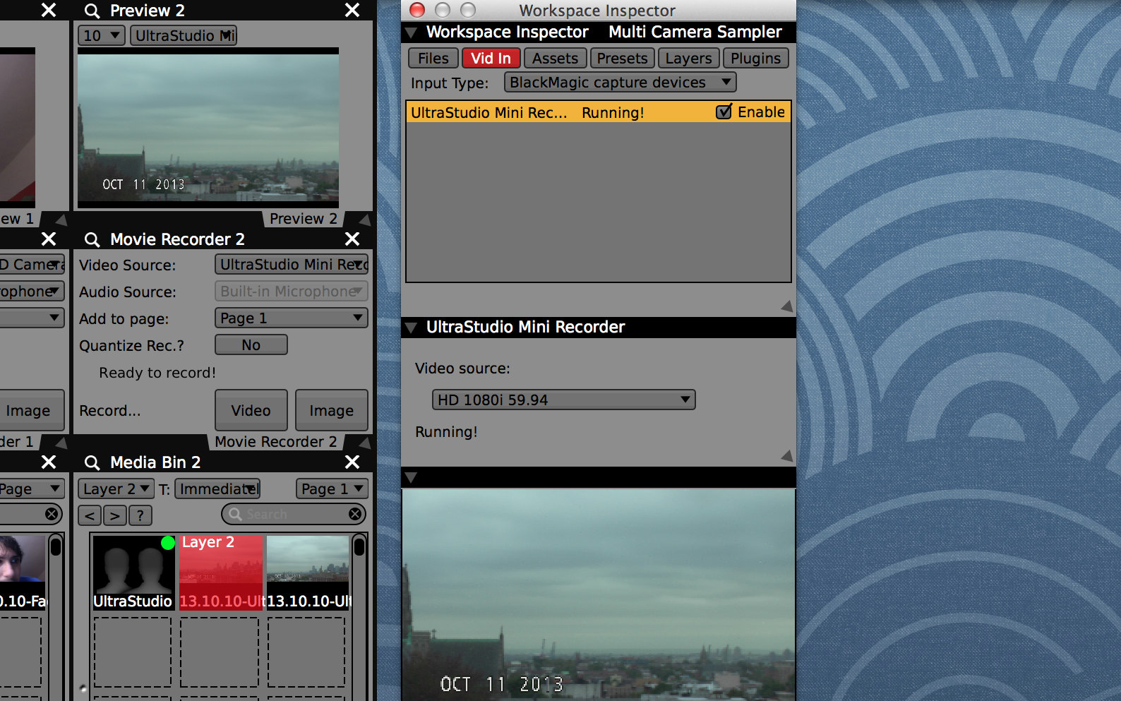 Adjusting camera and digitizer settings in the “VidIn” tab of the Workspace Inspector.