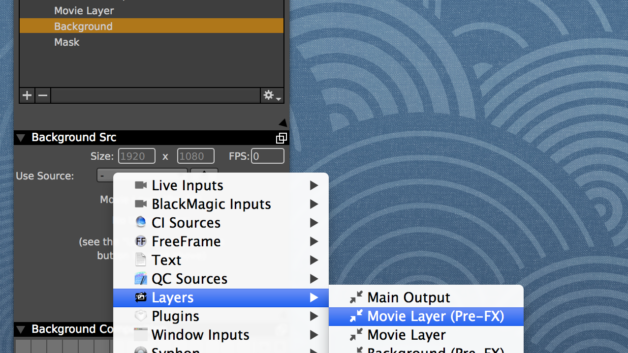 Set the background to receive the movie layer output before any FX are applied.
