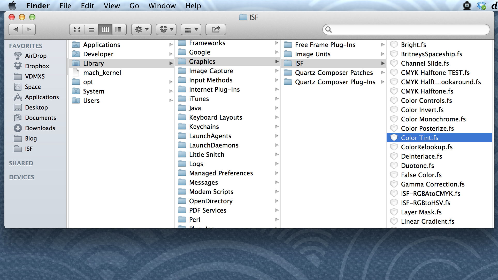 Place your ISF FX in the “ /Library/Graphics/ISF ” folder.