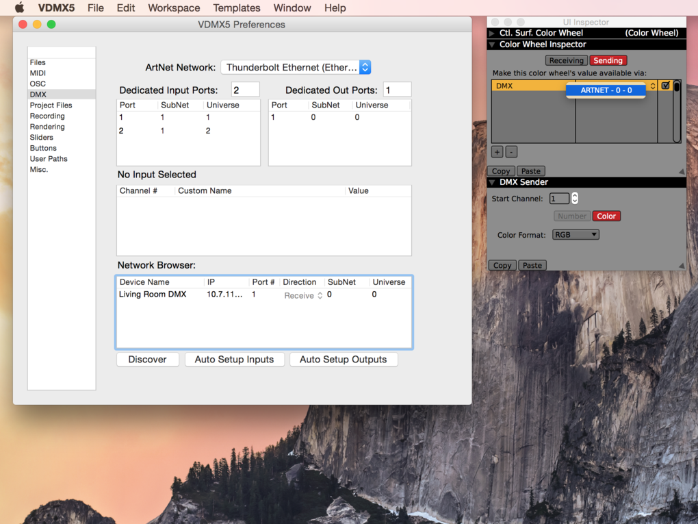 The VDMX5 Preferences for setting universe addresses for each DMX input and output port.