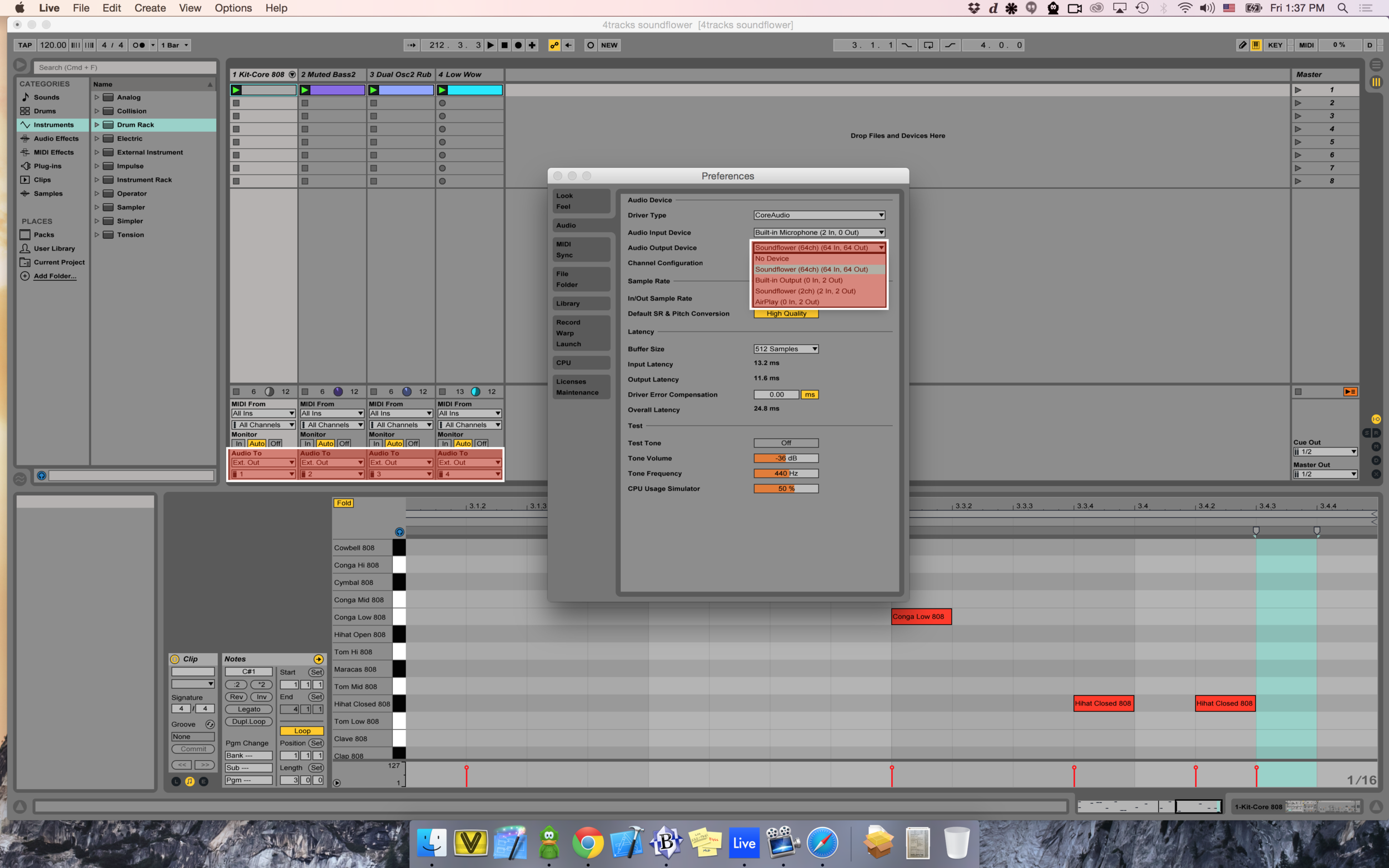 Set the output device and track channels in Live.