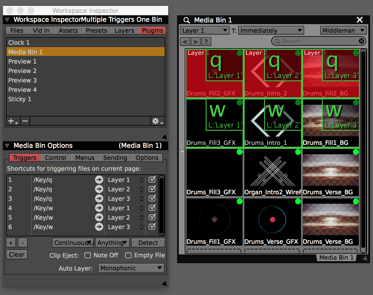 Using the “triggers” section of the media bin inspector to set target layers for individual receivers.