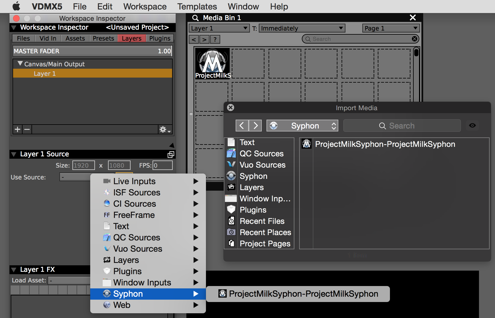 Syphon feeds can be directly received by layers or added to media bins in VDMX.