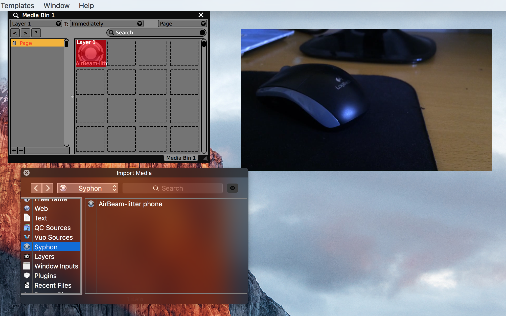 The raw camera feed is available via Syphon in VDMX.