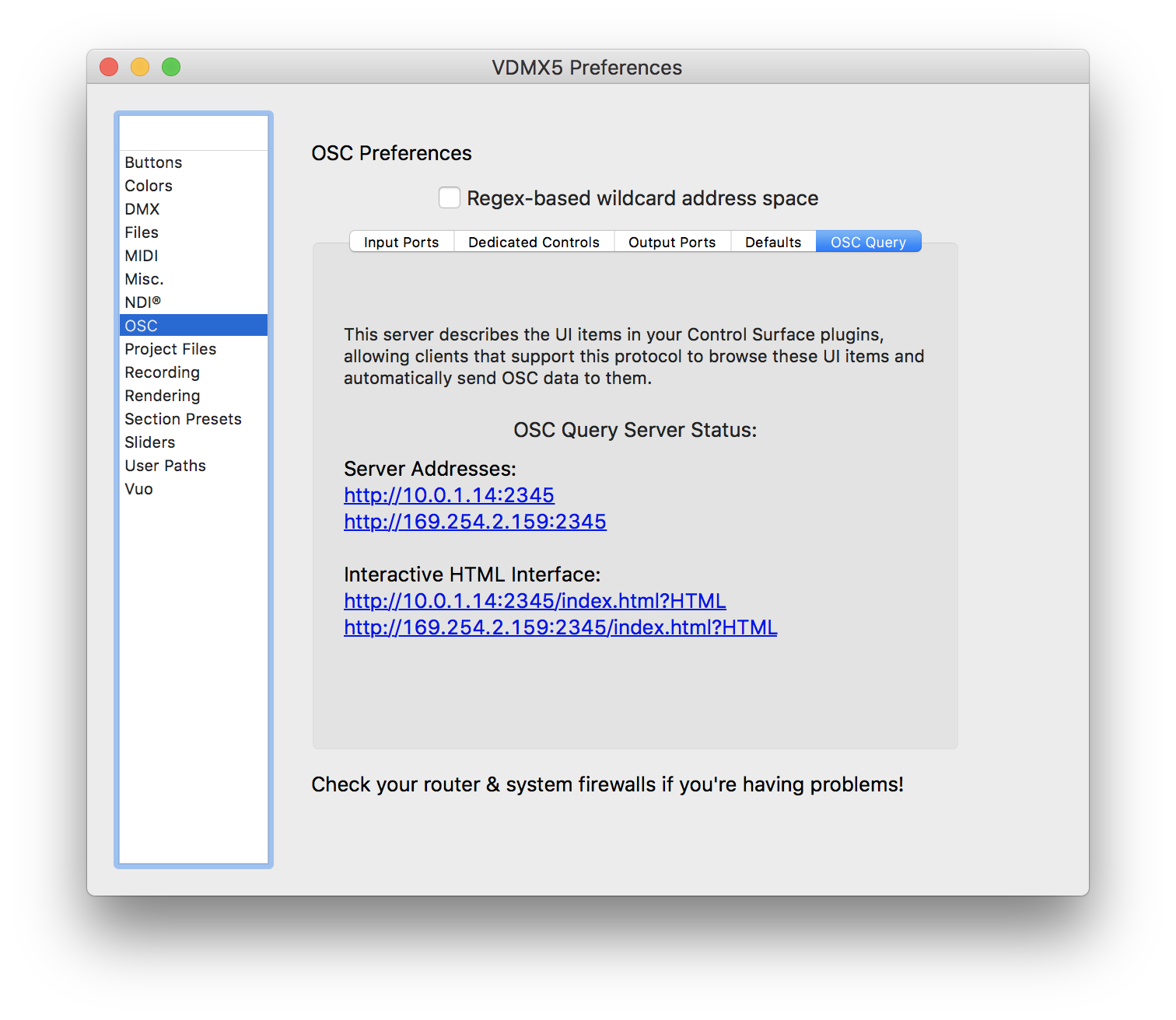Tip: You can find the Interactive HTML Interface URL in the VDMX Preferences under OSC in the OSCQuery tab.