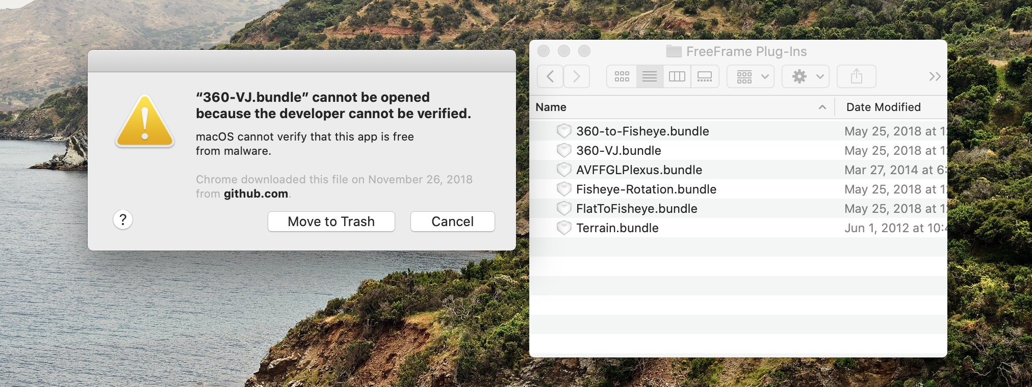 In macOS 10.15, older FFGL plug ins may need to be notarized to work. See this forum post for a possible workaround .