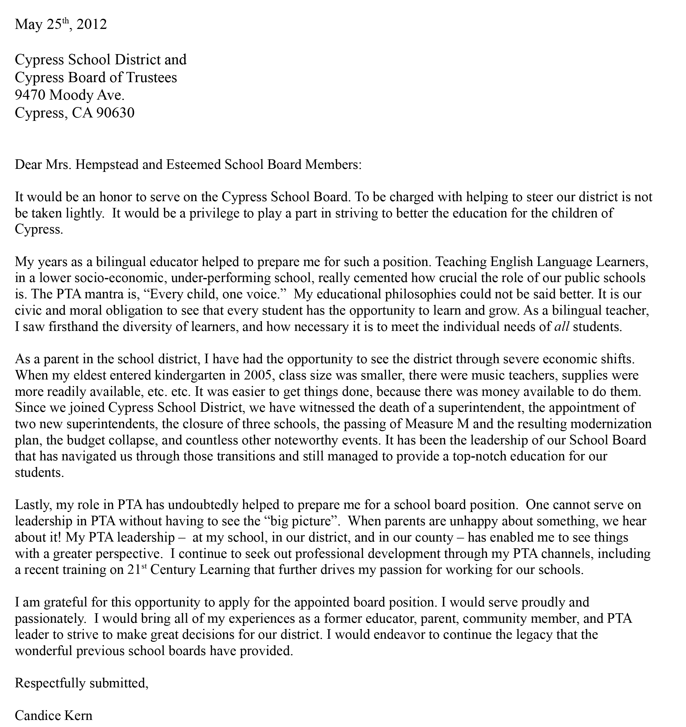 Letter of Intent — Candi Kern