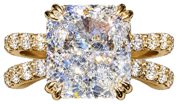 Five-carat radiant diamond anniversary ring in yellow gold