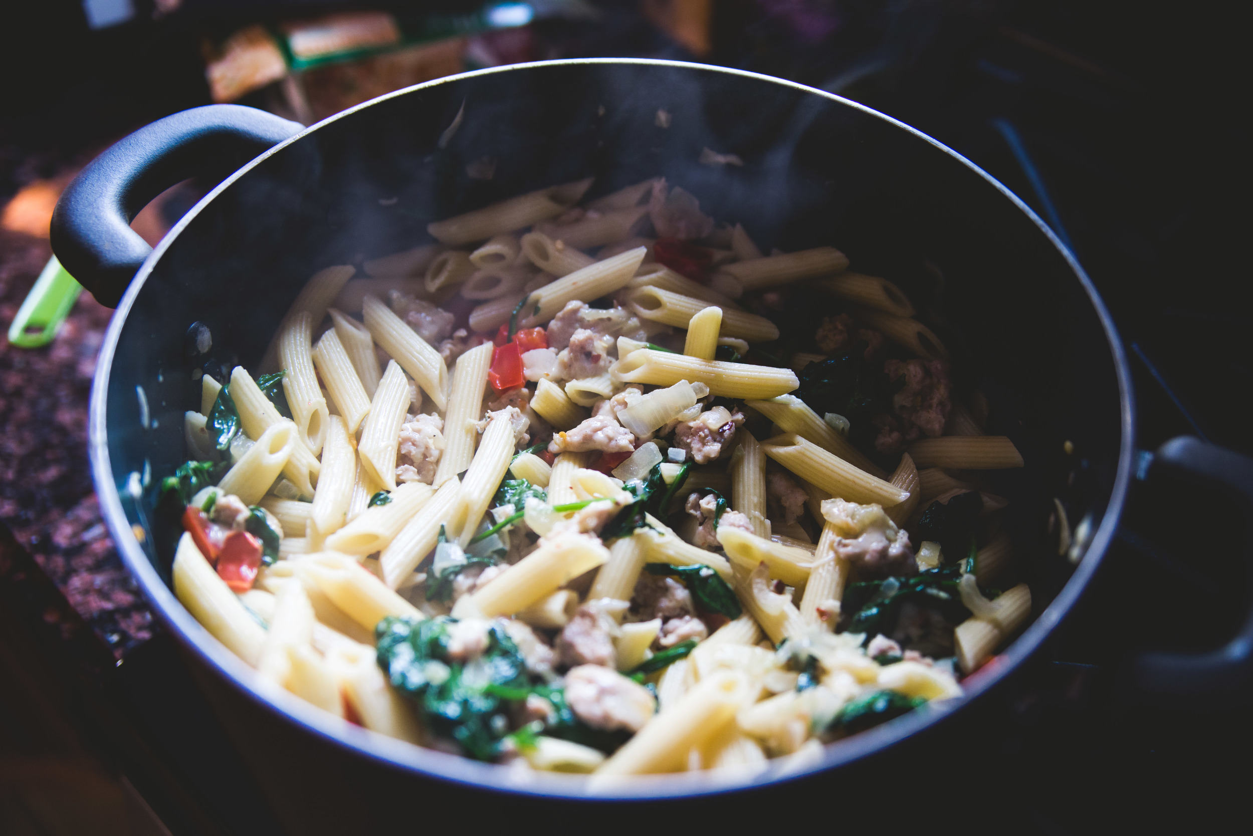 Pasta with Italian Chicken Sausage, Peppers and Escarole (I subbed spinach)