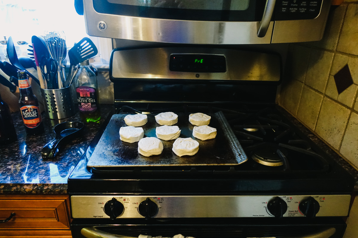 5:50pm: Making dinner - chicken and biscuits!