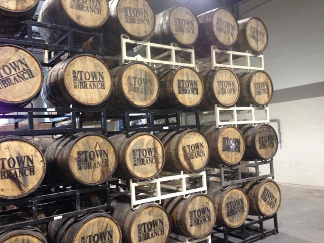 Town branch is located near downtown Lexington, but their barrels are aged offsite. Here you see racks of barrels brought in from the warehouses for bottling.