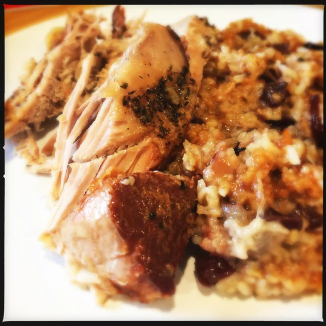 Pork loin cooked in the slow cooker with Apple-Cranberry rice