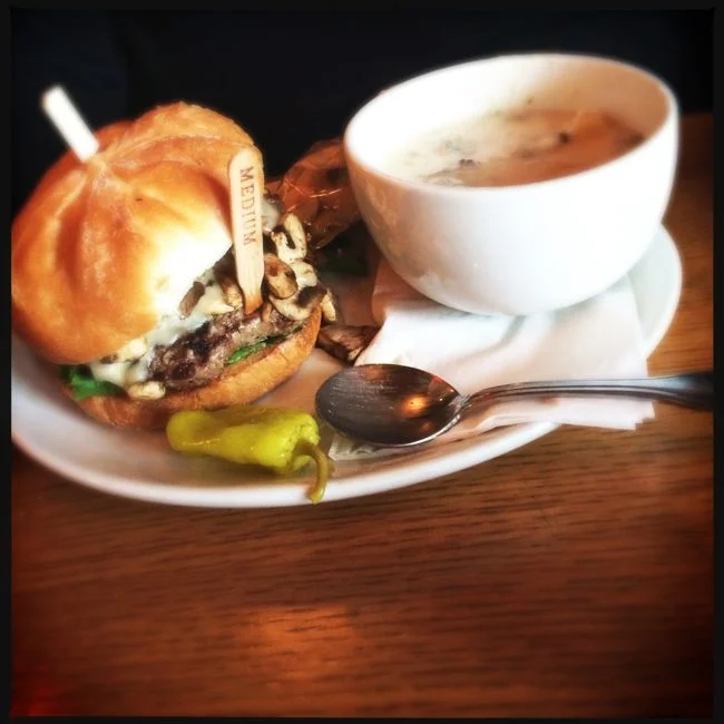 The Dungeon Burger with a bowl of Clam Chowder filled the wife up to the brim