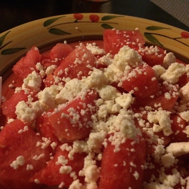 The salt in the feta draws some of the juice out of the melon, causing a creamy sauce to form and hold the chunks of feta in place. A wonderfully simple summer salad.