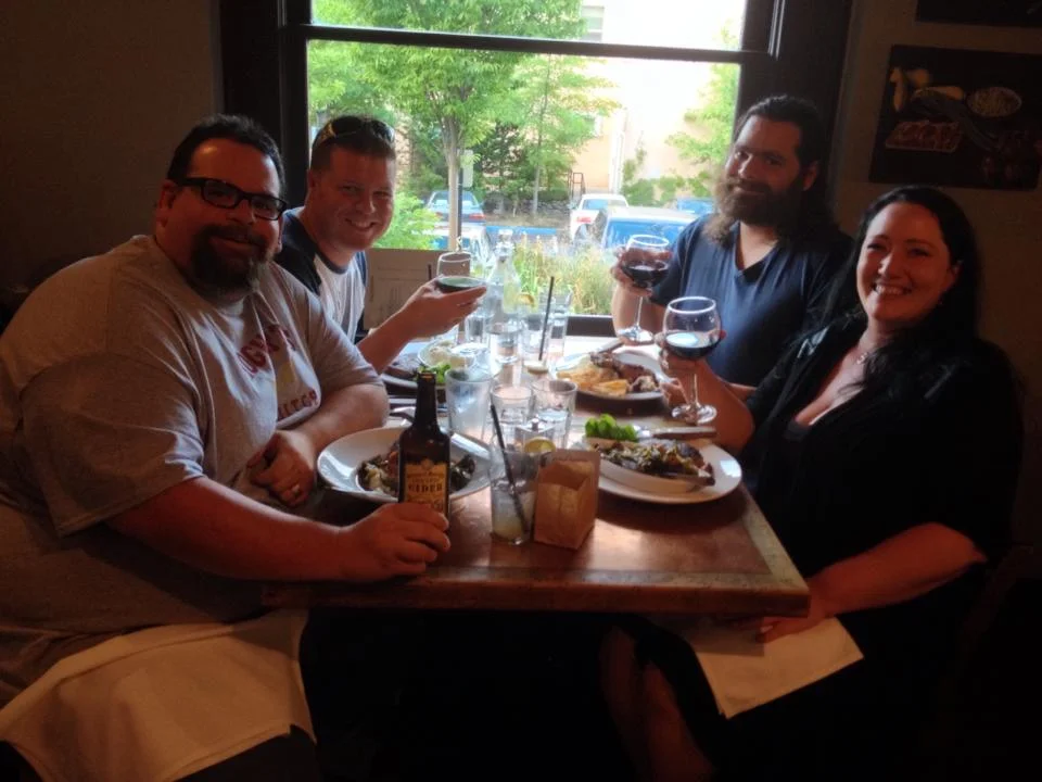 Enjoying our dinner at Smithfields in Ashland.  Pictured from left to right: Me, Coop, Tony, and Shawna