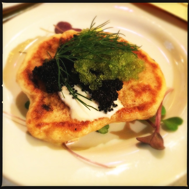 Blini with Wasabi-Orange Caviar and Creme Fraiche