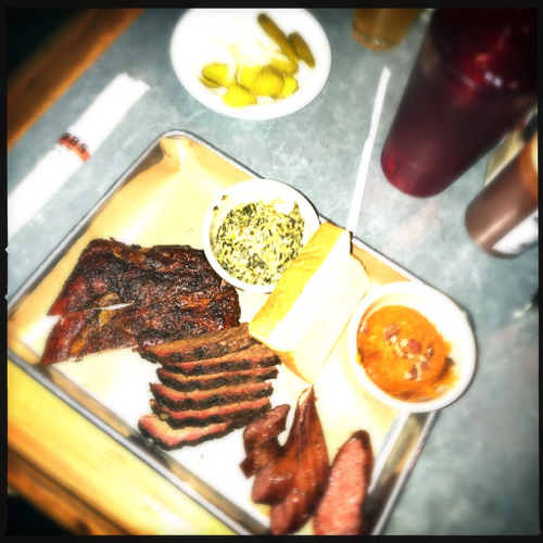 I had the 3-meat combo with spare ribs, brisket, and classic sausage. On the side I had Serrano Cheese spinach and mashed sweet potatoes. 