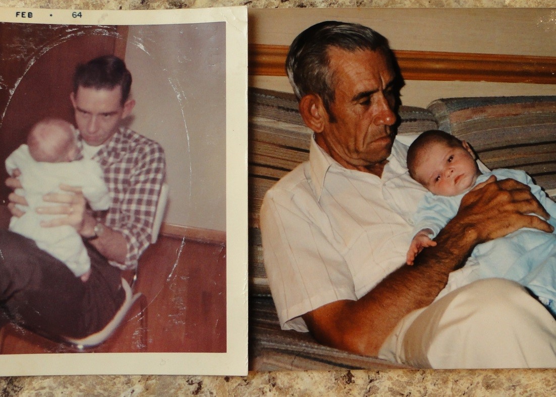This is a picture of my father-in-law holding my husband (left) and my son, Christopher (right). I love seeing these pictures, 26 years apart, side by side.