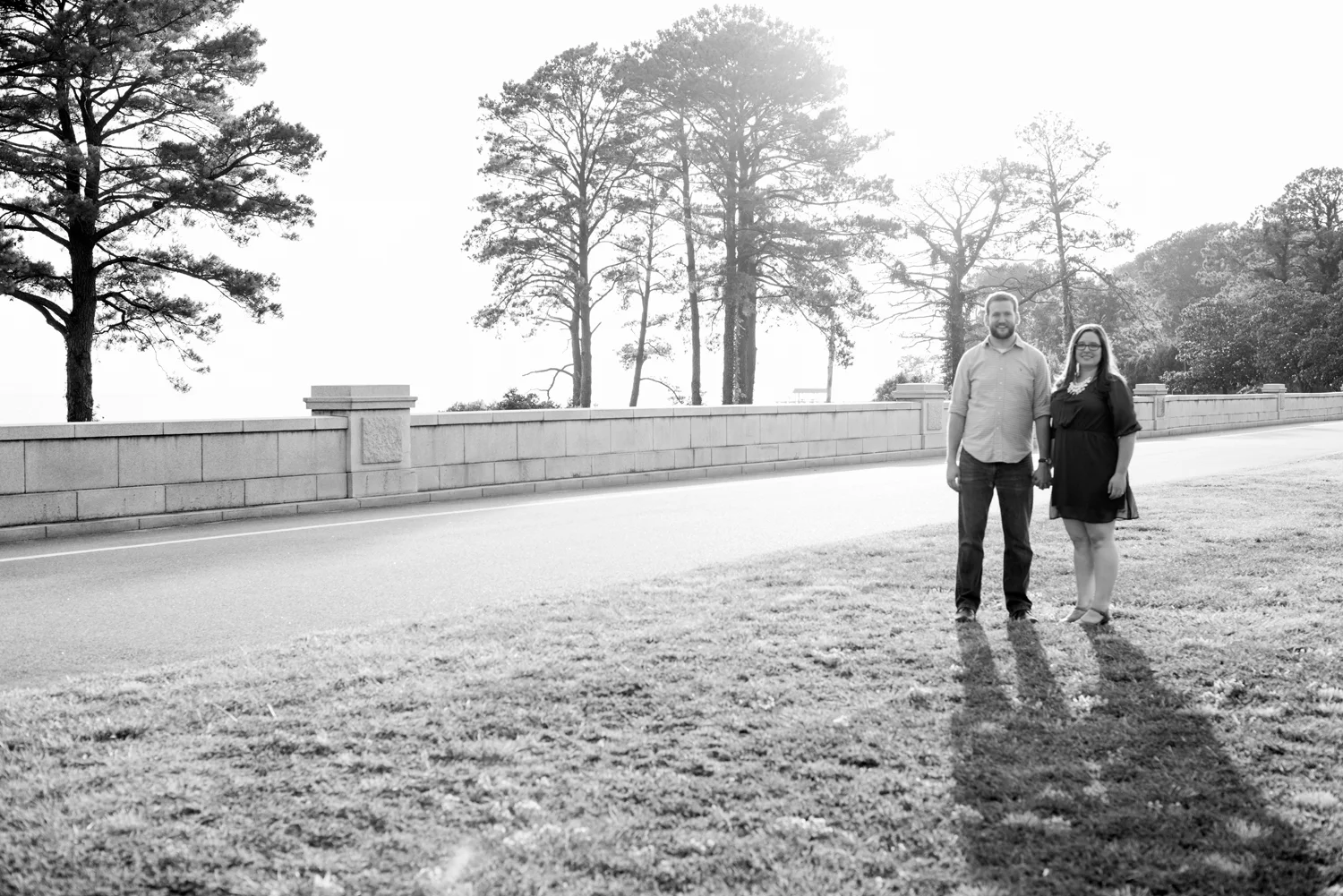 Sunset engagement pictures at Lions Bridge Park in Newport News, Virginia (black and white)