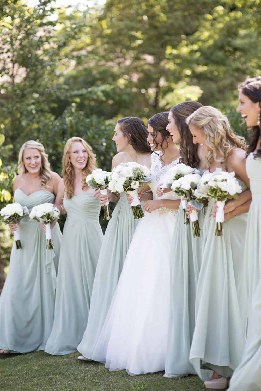 Bridal party portraits in mint green and ivory white dresses | Portsmouth Woman's Club in Virginia