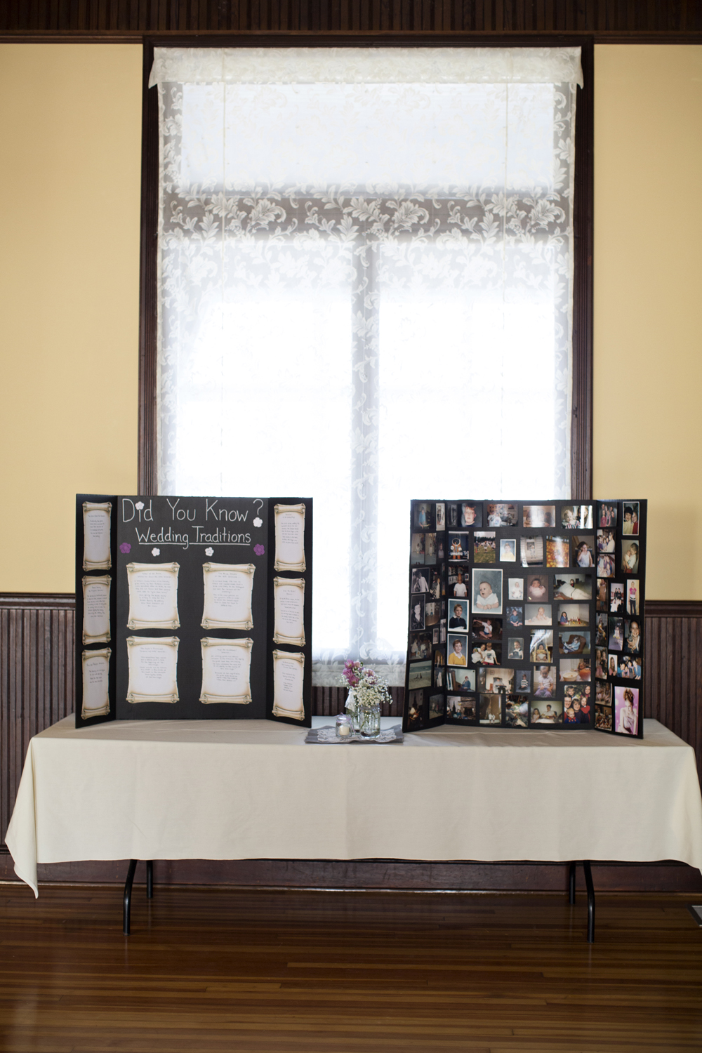Personal details and pictures at an indoor wedding