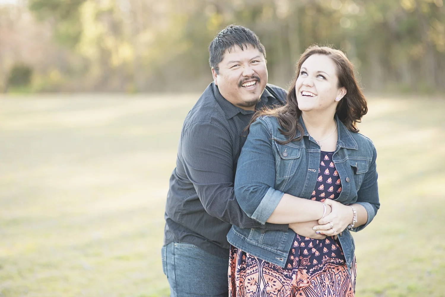 Spring engagement session at golden hour | Coral & navy dress
